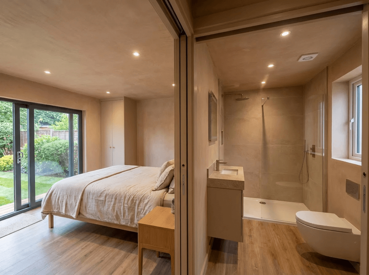 Malahide linked annex interior — bedroom with garden outlook